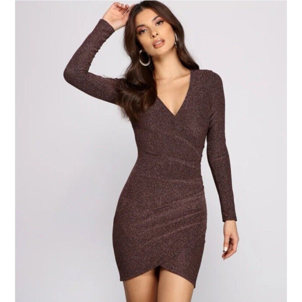 Windsor Shimmer Bodycon Mini Dress Sz S Plunge neckline wrap skirt cocktail - Picture 2 of 13